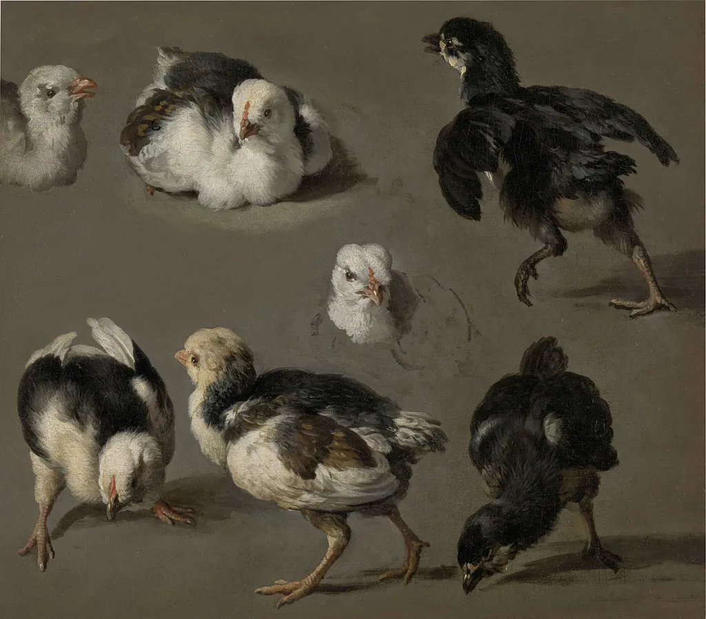 Seven Chicks, by Melchior d' Hondecoeter, oil, 1666