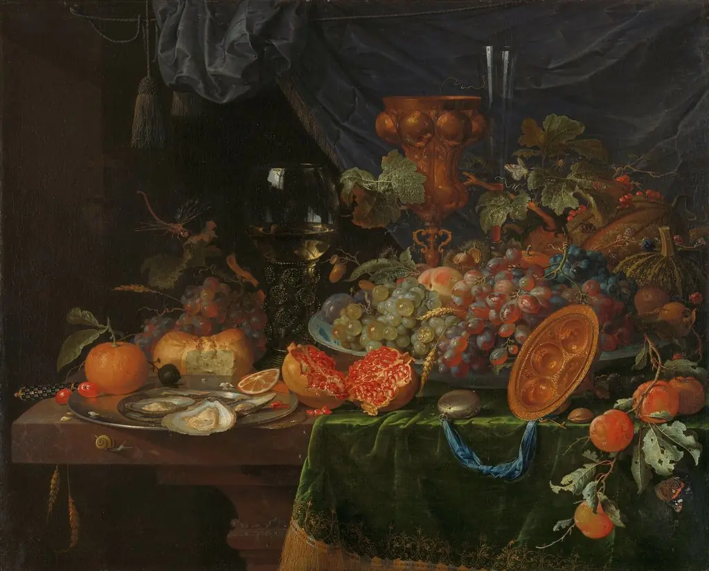 Still life with fruit and oysters, by Abraham Mignon, oil, 1669