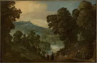 Countryside landscape with staffage, by Adriaen van Stalbemt, oil, 1612