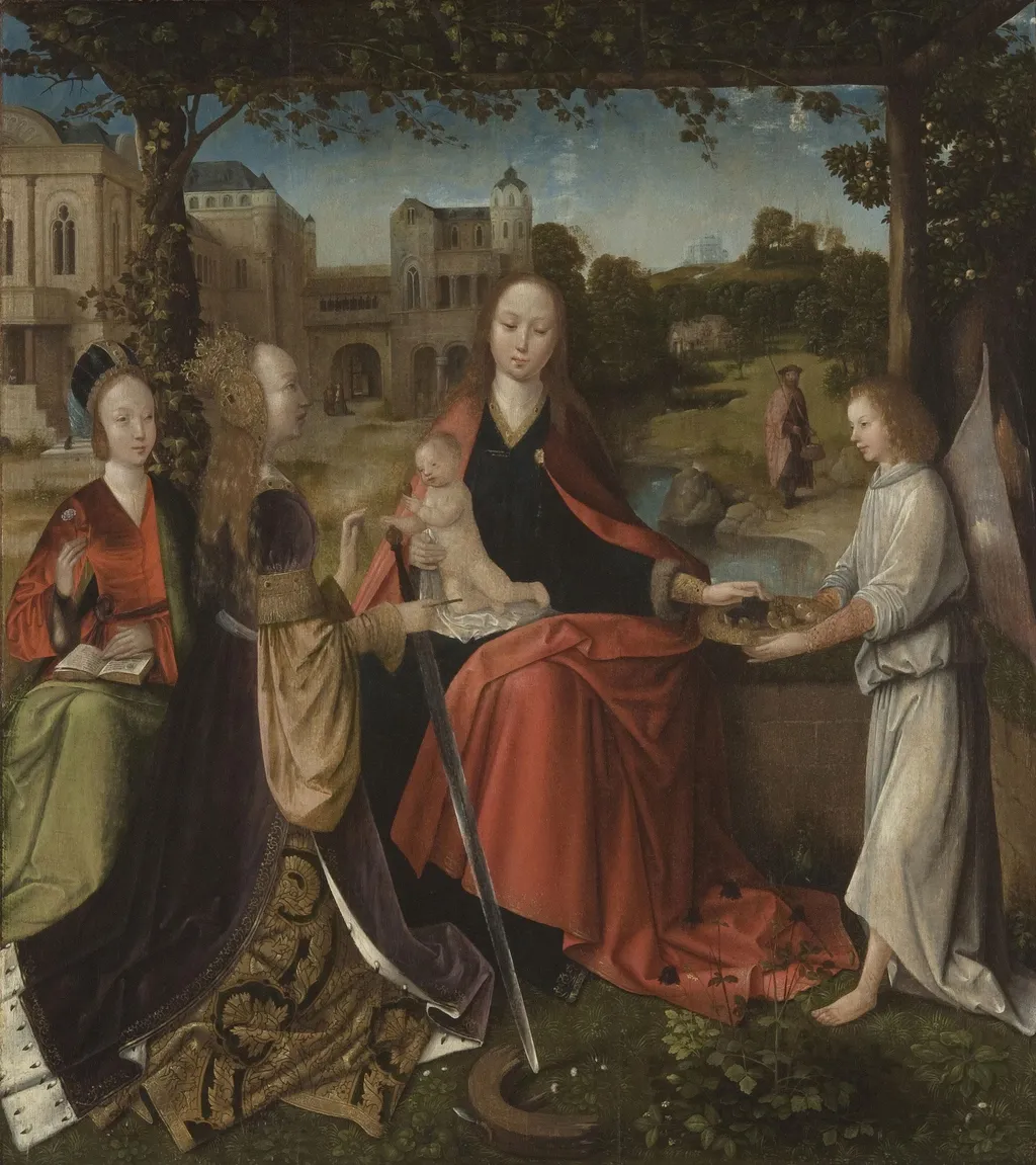 Virgin and Child, with Saint Catherine of Alexandria, a Female Saint, and an Angel, by Master of Hoogstraeten, oil, 1512