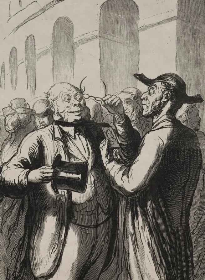 At the Universal Exhibition: Security check at the entrance: the bald need to lift their hats, and the short-sighted need to remove their glasses., detail