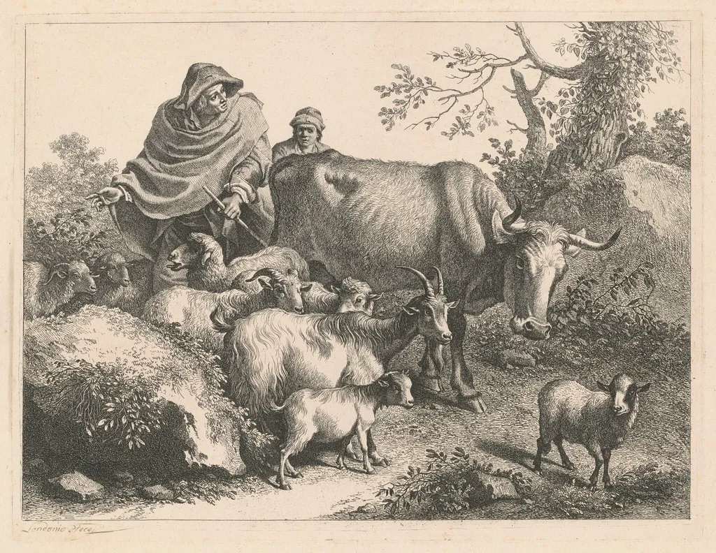 Shepherd Wearing a Cape Driving a Flock, by Francesco Londonio, ink, 1776