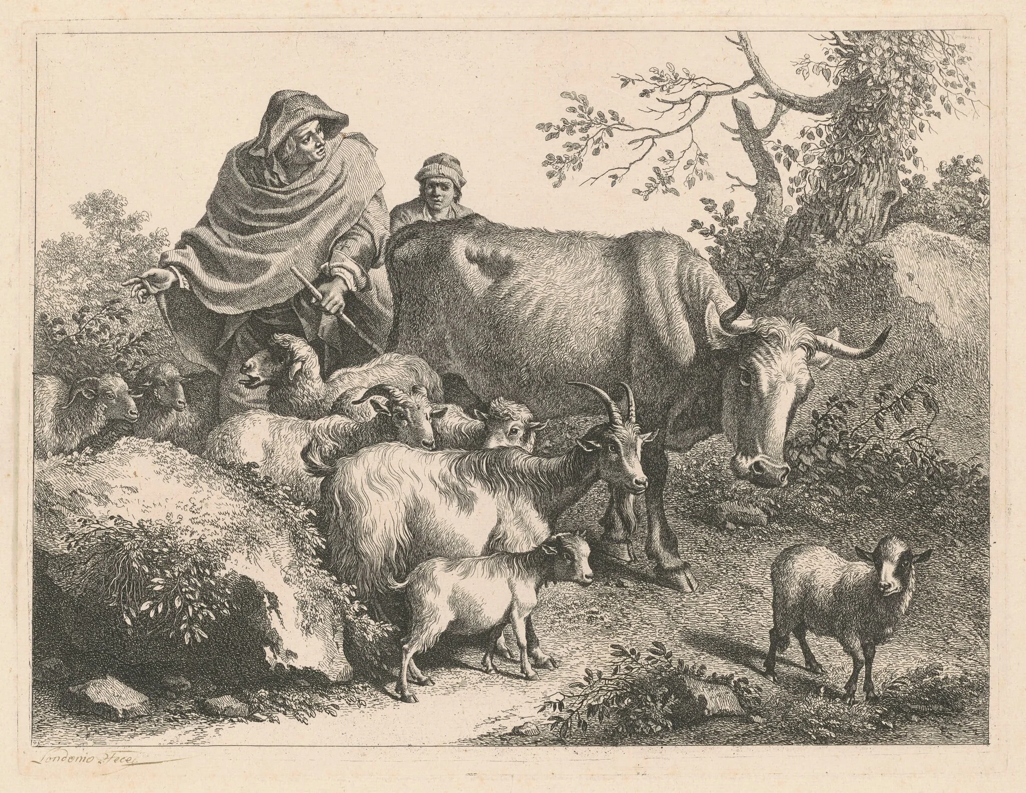 Shepherd Wearing a Cape Driving a Flock, detail