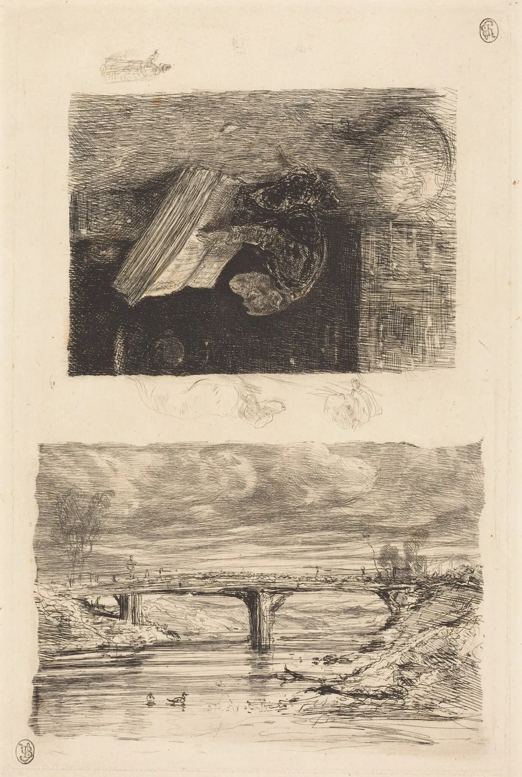 River Landscape with a Bridge; Monkey Paging through a Book, by Alexandre Gabriel Decamps, ink, 1832