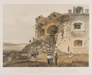 Breach made in the walls of Fort Nottick, Bomarsund, by the English Sand Bay Battery, by Edwin Thomas Dolby, 1854