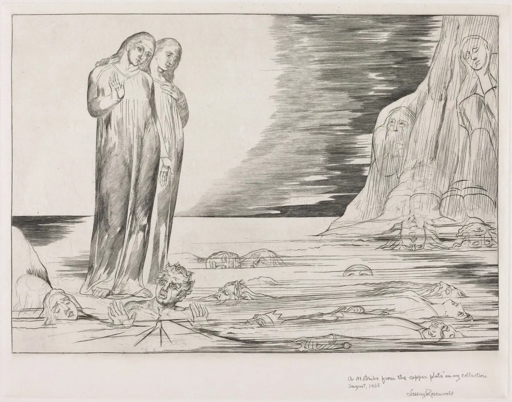 The Circle of the Traitors; Dante's Foot Striking Bocca degli Abbate, by William Blake, ink, 1827