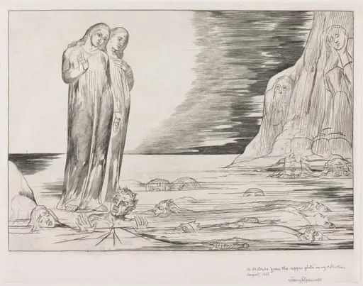 The Circle of the Traitors; Dante's Foot Striking Bocca degli Abbate, by William Blake, ink, 1827