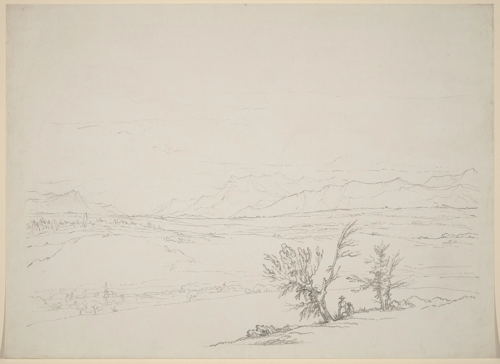 An Alpine Landscape with a Couple Seated by Trees Overlooking a Valley, detail