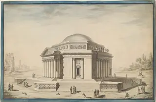 Hexagonal Temple in an Italianate Landscape, by Louis Gustave Taraval, ink, 1780