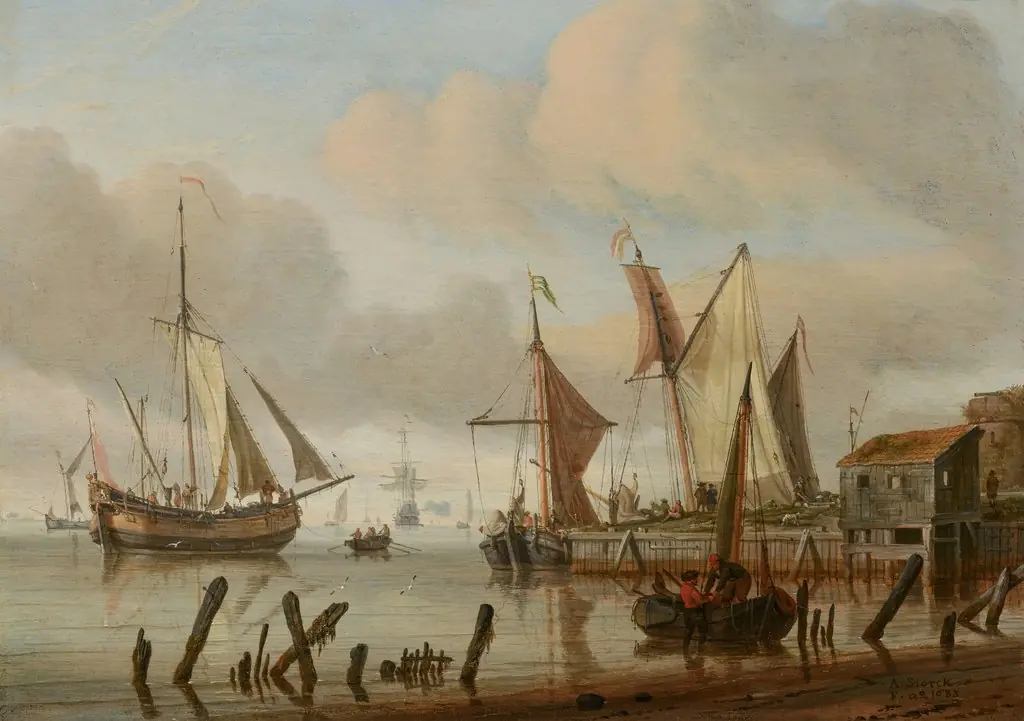 Boats at a Mooring Place, by Abraham Storck, oil, 1692