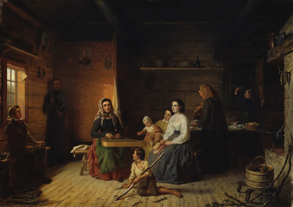 Kreeta Haapasalo Playing the Kantele in a Peasant Cottage, by Robert Wilhelm Ekman, oil, 1868