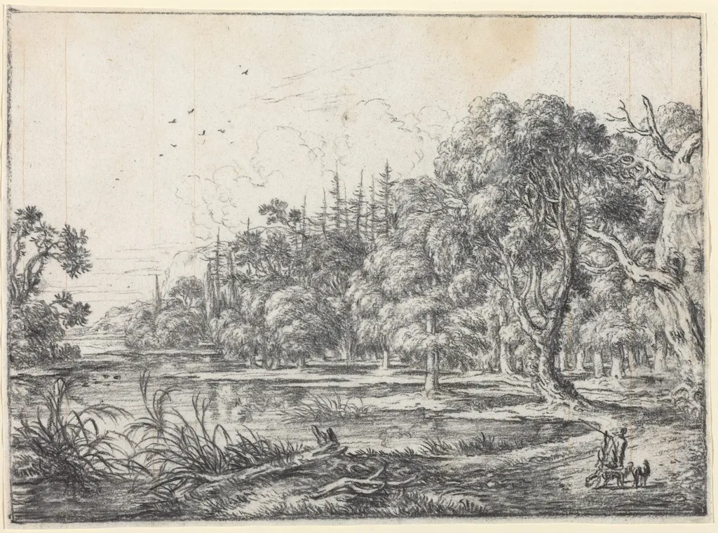 A Woodland Pond with a Hunter, by Jonas Umbach, chalk, 1658