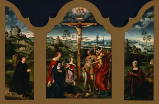 Triptych: The Crucifixion Flanked by the Kneeling Donor and His Wife, by Joos van Cleve, oil, 1515