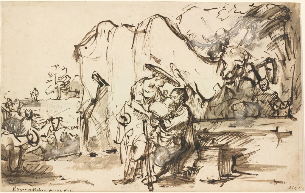 Eliezer and Rebecca at the Well, by Rembrandt, ink, 1644