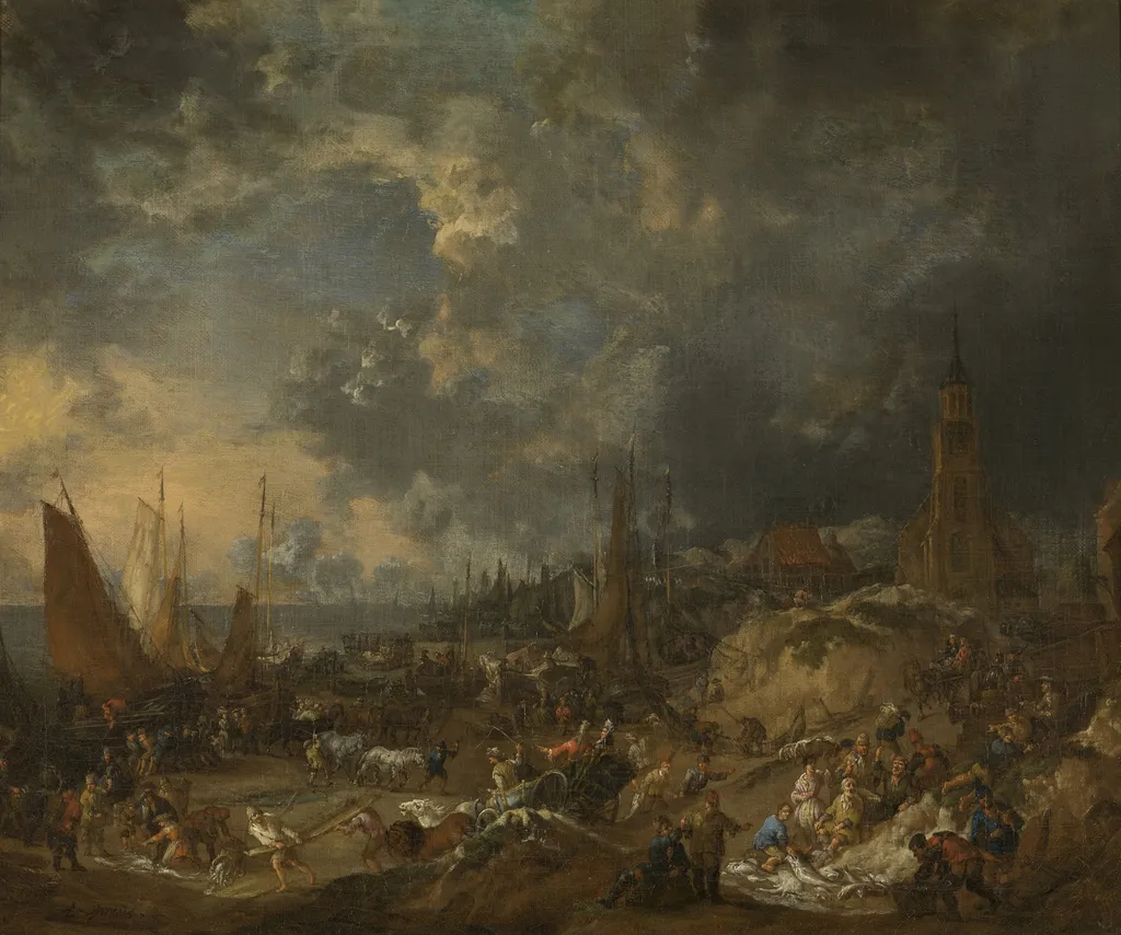 The Beach at Scheveningen, by Lucas Smout the Younger, oil, 1702