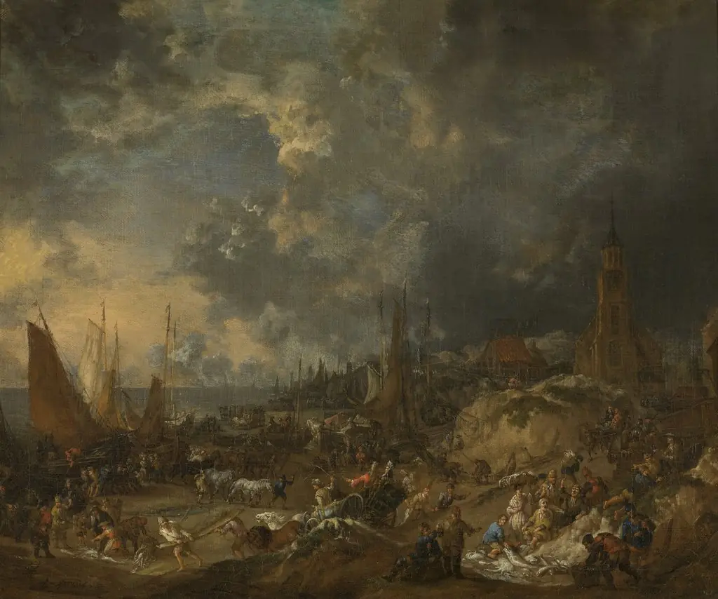 The Beach at Scheveningen, by Lucas Smout the Younger, oil, 1702
