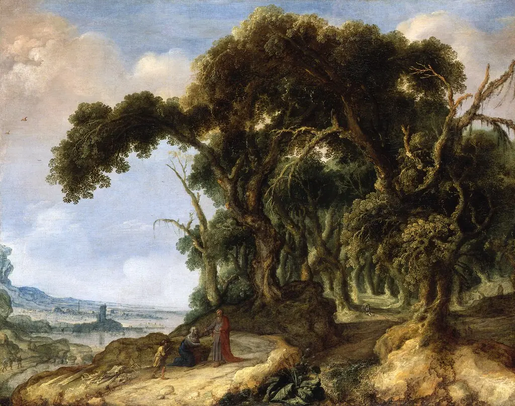 Forest Landscape with Elias and Zapath's Widow, by Jacob van Geel, paint, 1638