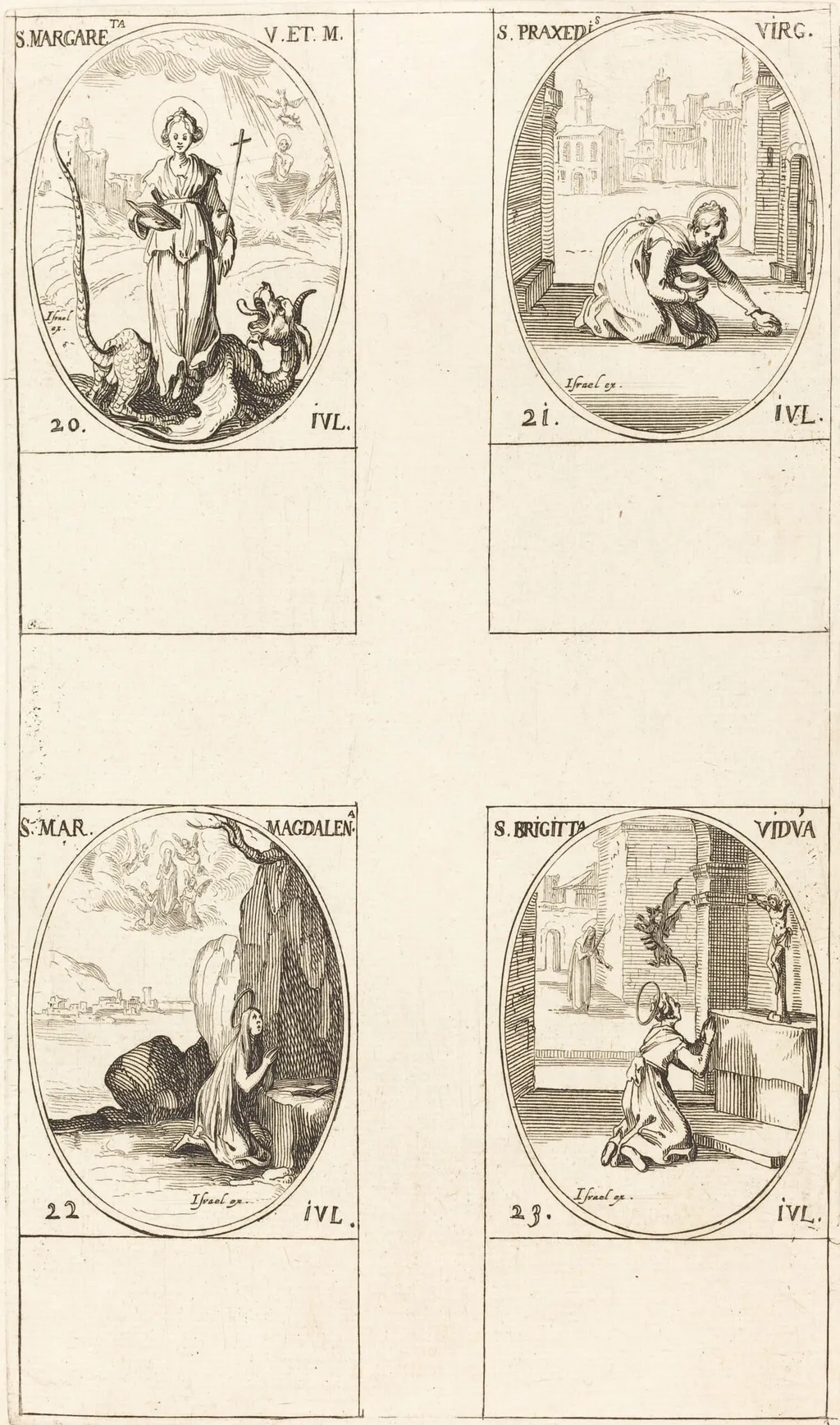 St. Margaret of Antioch; St. Praxedes; St. Mary Magdalene; St. Bridget of Sweden, by Jacques Callot, ink, 1634