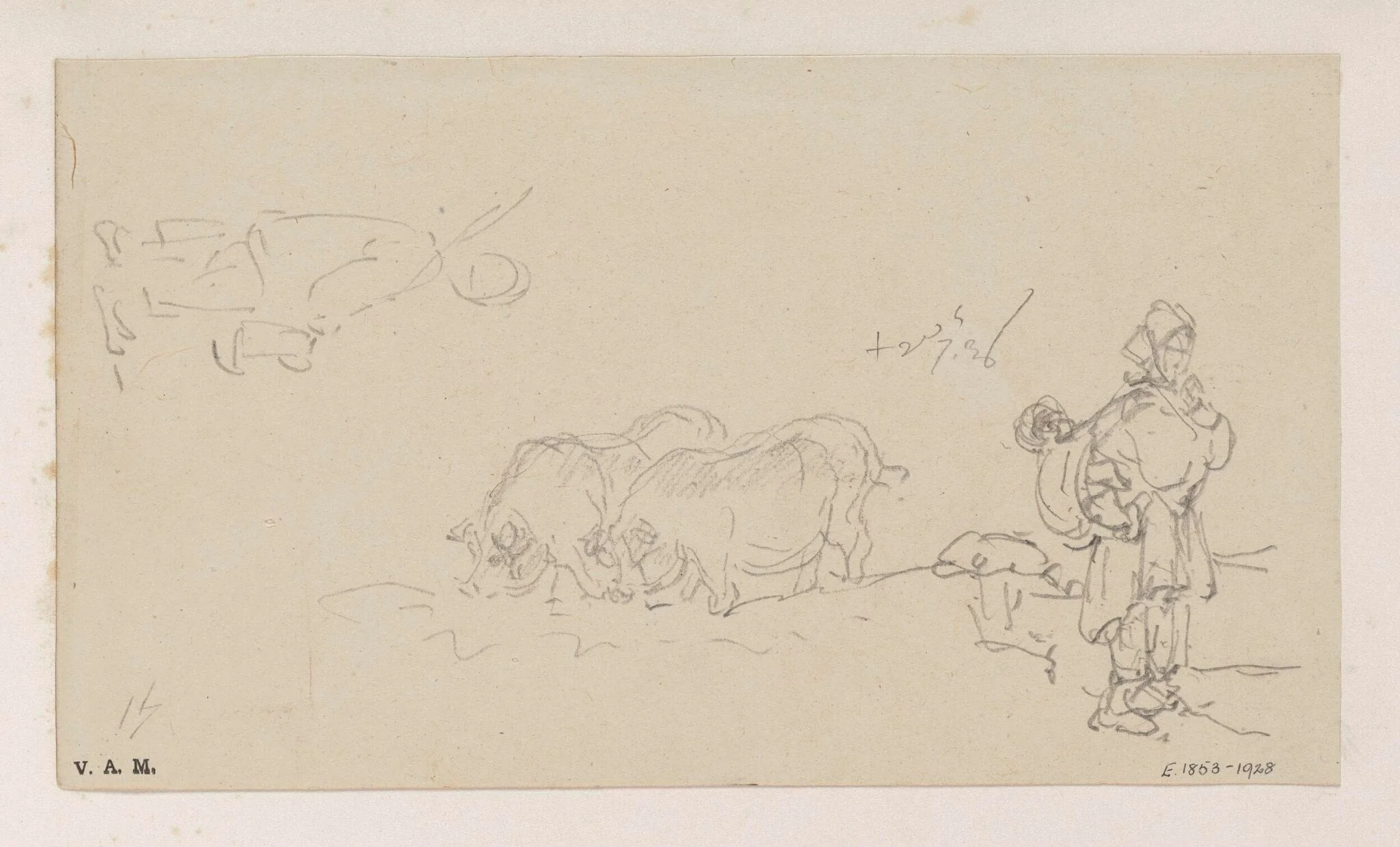 A boatwoman and child, two pigs, and a figure in outline, detail