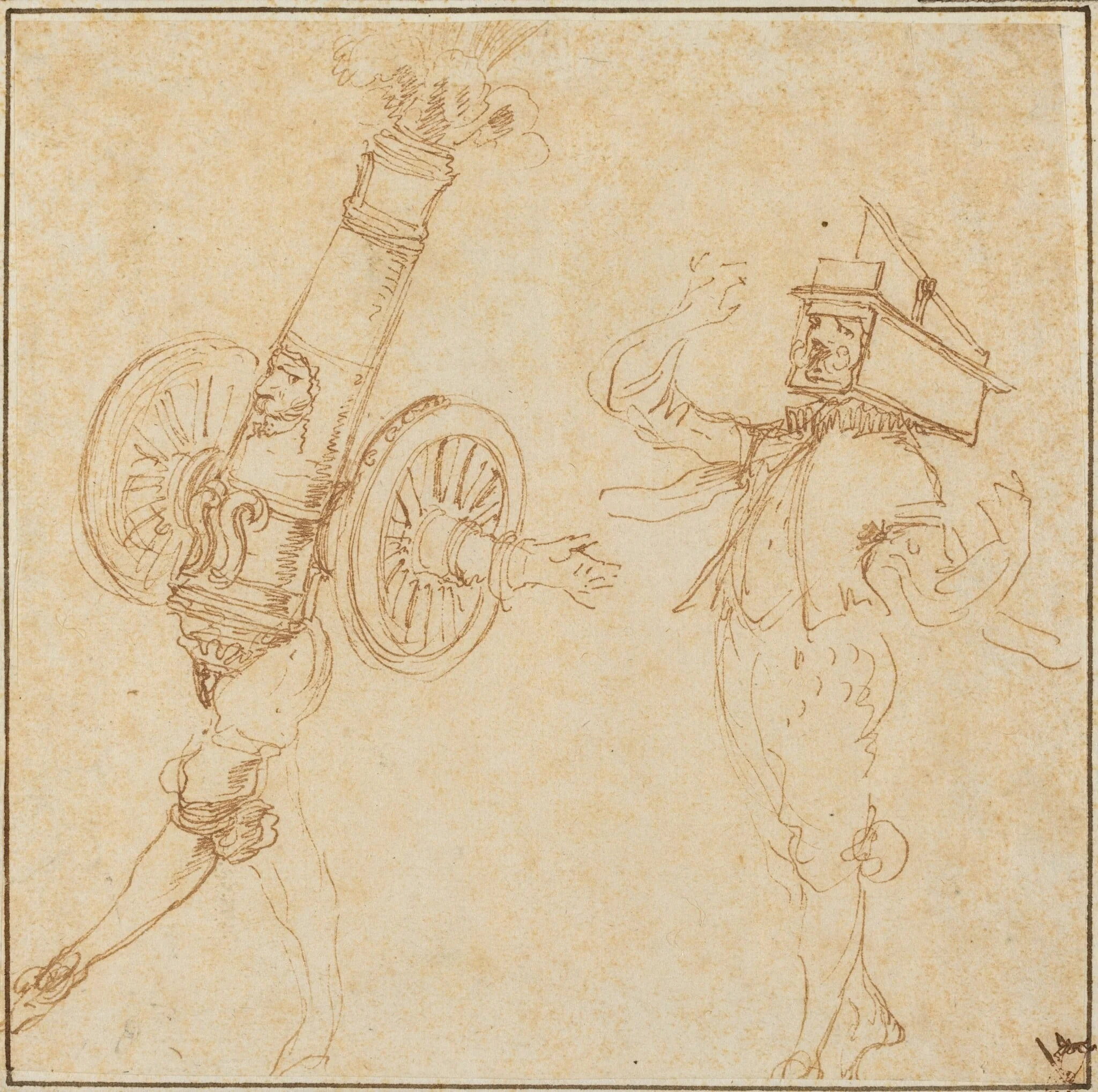 Two Men in Masquerade Costumes: A Cannon Firing and a Cat Inside a Mousetrap, detail