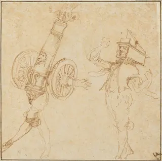 Two Men in Masquerade Costumes: A Cannon Firing and a Cat Inside a Mousetrap, by Stefano Della Bella, ink, 1645