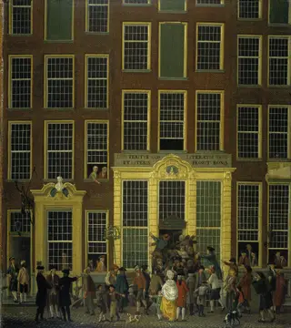 The Bookshop and Lottery Agency of Jan de Groot in the Kalverstraat in Amsterdam, by Isaac Ouwater, oil, 1790