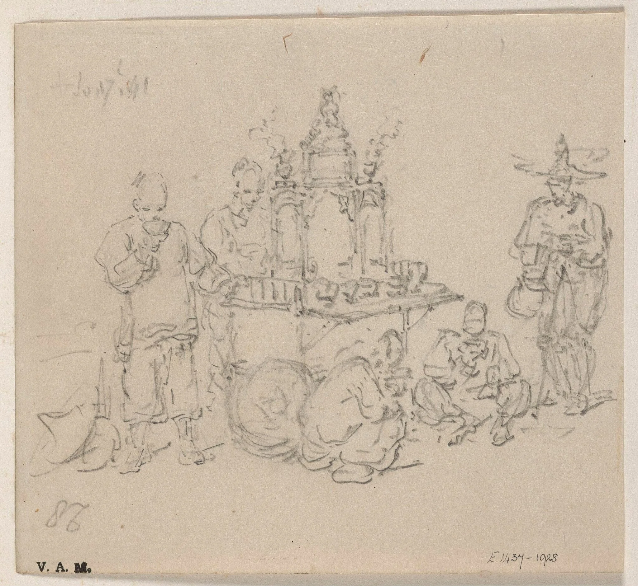 Chinese figures by an altar table, detail