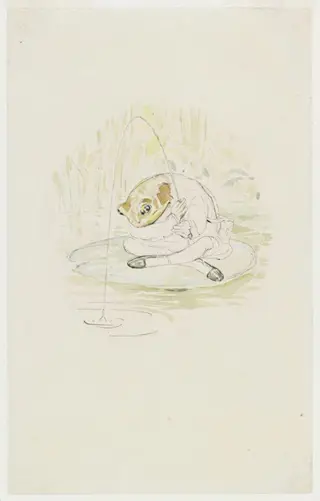 Jeremy Fisher sitting fishing on a waterlily leaf: preparatory drawing for The tale of Mr. Jeremy Fisher, by Beatrix Potter, watercolor, 1906