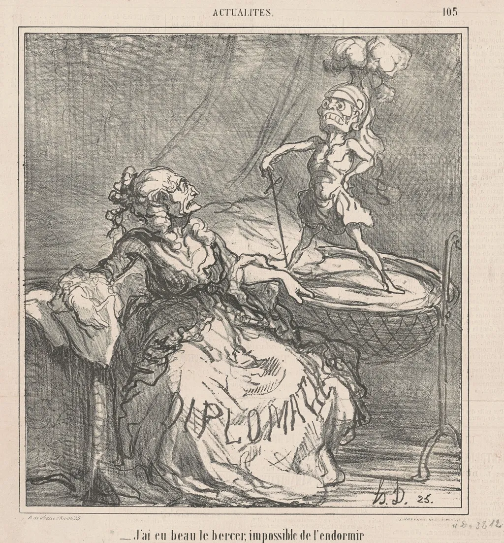 J'ai eu beau le bercer ..., by Honoré Daumier, ink, 1866