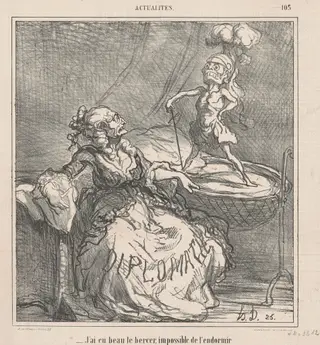 J'ai eu beau le bercer ..., by Honoré Daumier, ink, 1866