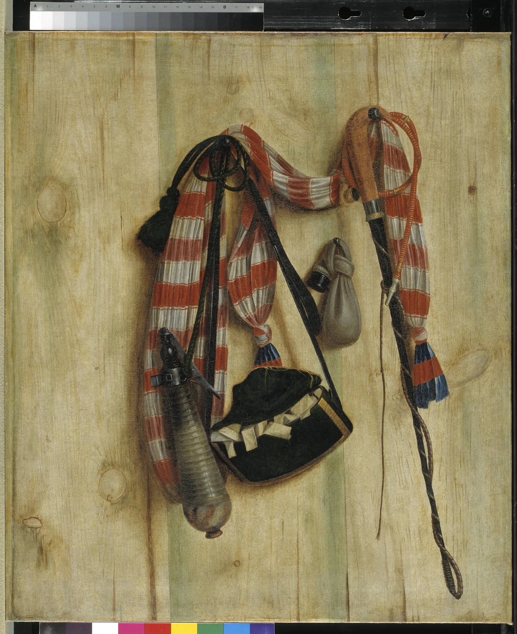 Trompe l'Oeil with Riding Whip and Letter Bag, detail