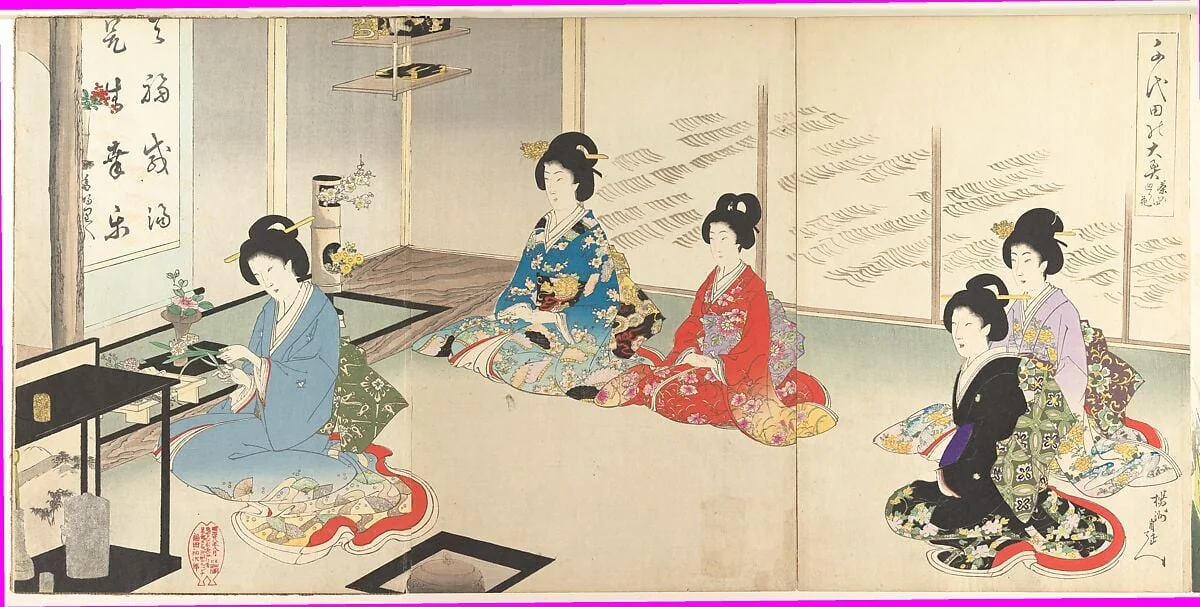 千代田の大奥 茶の湯辺り花|Chiyoda Inner Palace: No.20 Flower Arranging in Turn (Chiyoda no Ōoku: Chanoyu mawaribana), detail