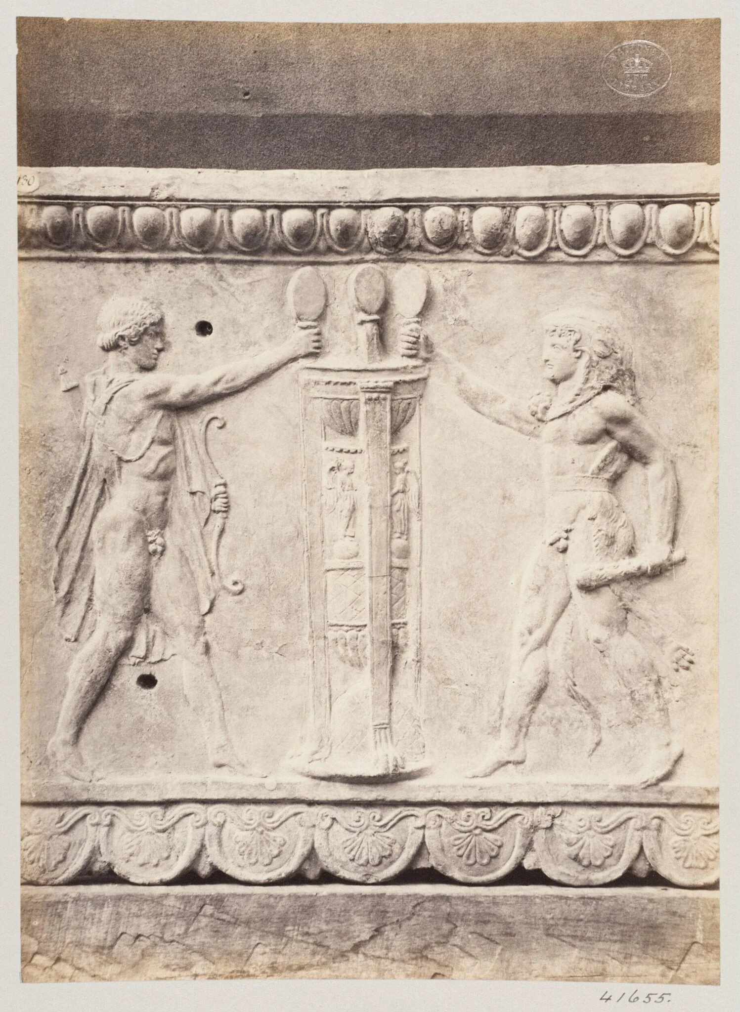 Bas-relief of a portion of a frieze with Hercules seizing the tripod of Delphi in terra cotta, detail