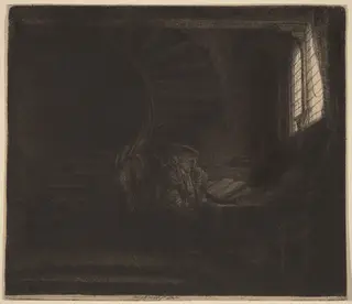 St. Jerome in a Dark Chamber, by Rembrandt van Rijn, ink, 1642