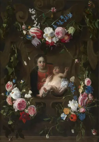 Madonna Surrounded by a Garland of Flowers, by Cornelis Schut, oil, 1650