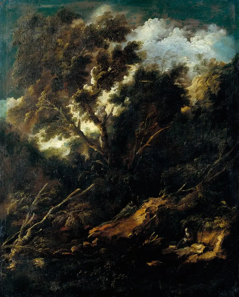 Landscape with a Reading and a Praying Franciscan, by Antonio Francesco Peruzzini, unspecified, 1698