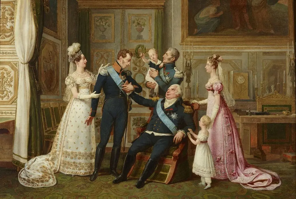 Louis XVIII Receiving the Duke of Angoulême on His Return from the Spanish Campaign, by Antoine-Jean-Baptiste Thomas, oil, 1823