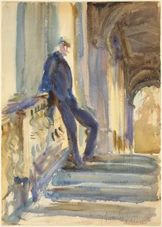 Sir Neville Wilkinson on the Steps of the Palladian Bridge at Wilton House, by John Singer Sargent, graphite, 1904
