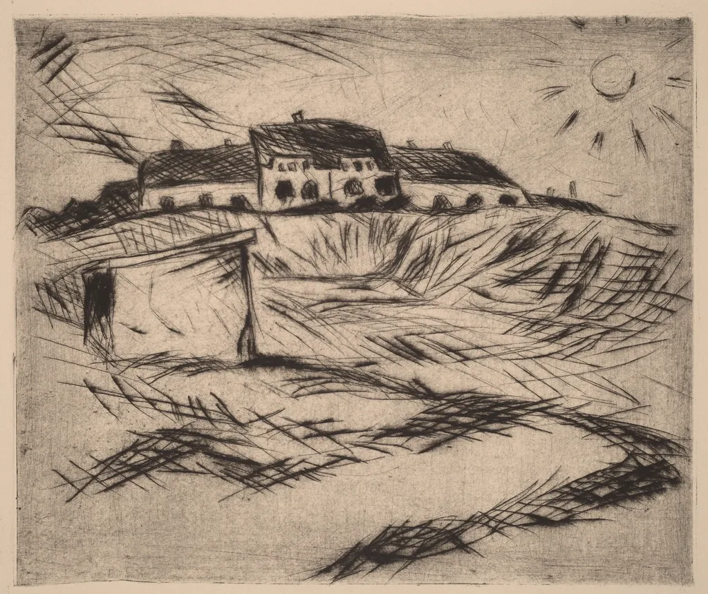 Barracks (Kaserne), by Walter Gramatté, ink, 1916