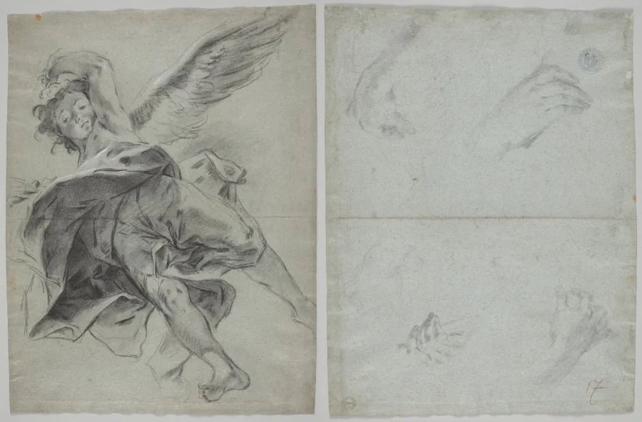 A Flying Angel (recto); Studies of Hands Playing Instruments (verso), detail