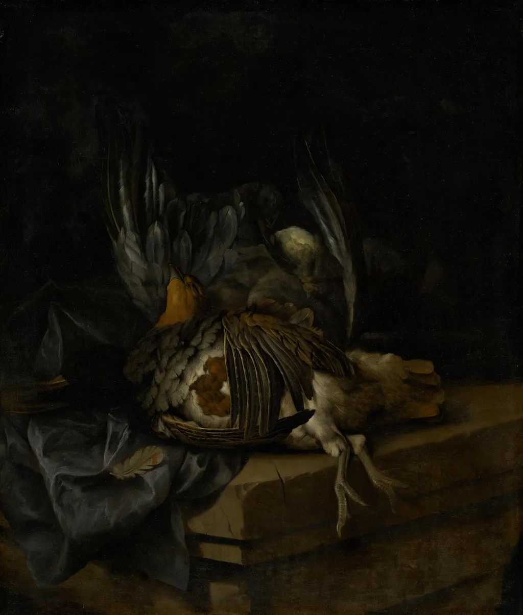 Stilleben mit Rebhuhn, Ente und Goldammer, by Willem van Aelst, paint, 1650