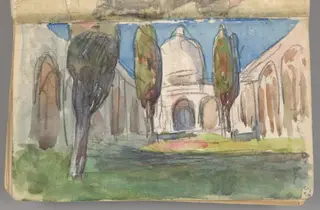 Sketchbook No. 2 - Landscape study - Moorish arcaded courtyard with cypresses; study of a woman with fan - two-page drawing, by Jan Stanisławski, unspecified, 1897