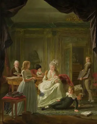 Portrait of Aernout van Beeftingh, his Wife Jacoba Maria Boon and their Children, by Nicolaes Muys, oil, 1799