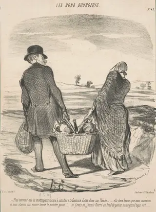 Plus souvent que tu m'attraperas encore à satisfaire ta fantaisie d'aller dîner sur l'herbe . . . V'là deux heures que nous marchons et nous n'avons pas encore trouvé le moindre qazon . . . Si j'avais su, j'aurais fourré au fond du panier notre grand tapis vert., by Honoré Daumier, ink, 8