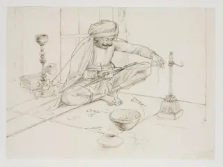 A man making a gold fringe, by John Lockwood Kipling, 1870