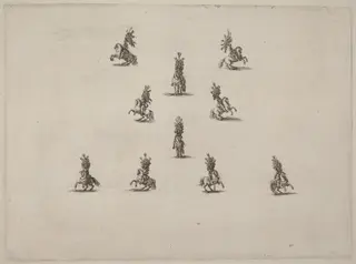 Ten Cavaliers with Large Plumed Helmets, by Stefano Della Bella, ink, 1652