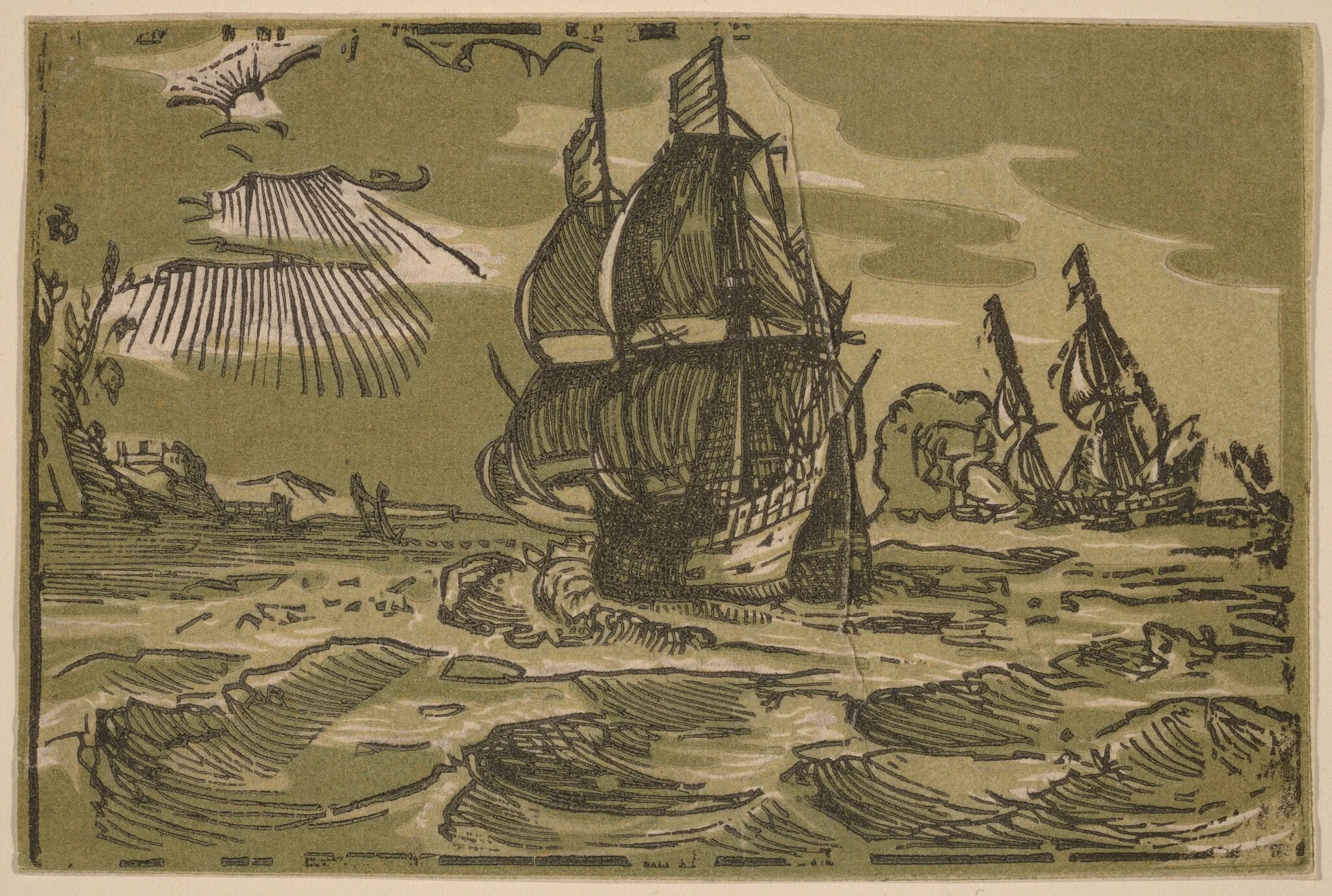 Two Three-Master Ships off a Coastline, detail