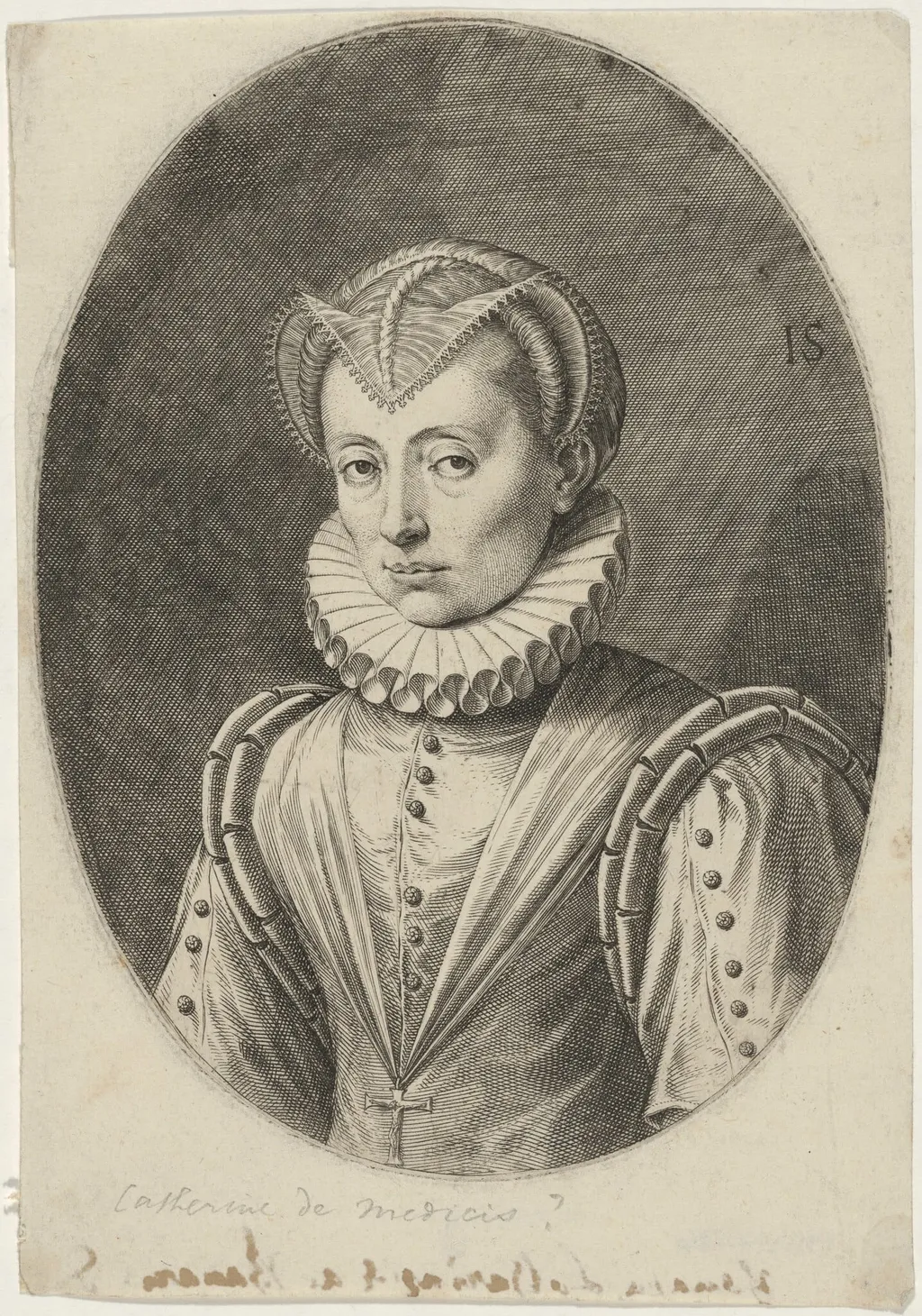 Catherine de Medici (?), by Jan Sadeler I, ink, 1575