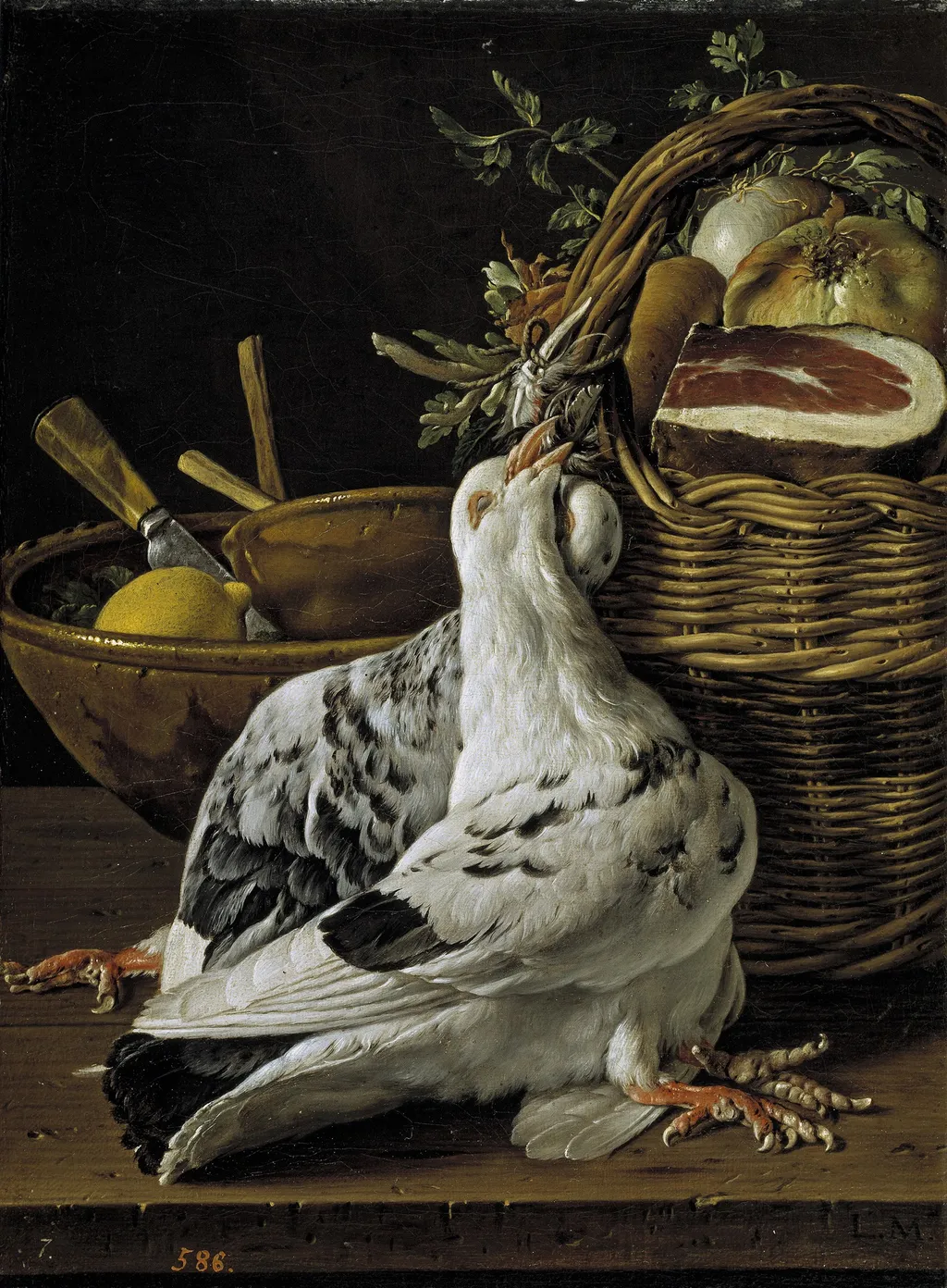 Bodegón con pichones cesta de comida y cuencos, by Luis Egidio Meléndez, oil, 1750