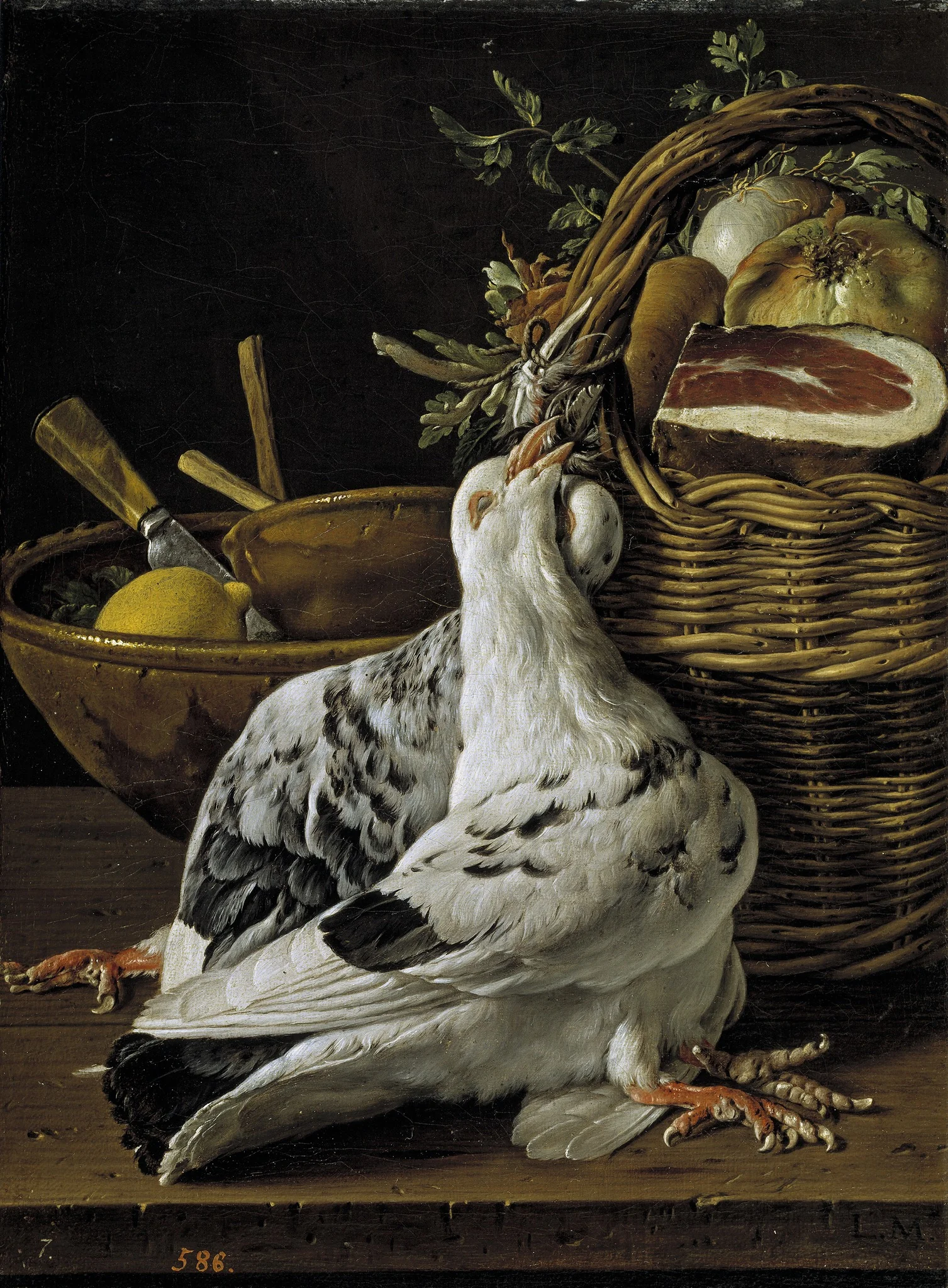 Bodegón con pichones cesta de comida y cuencos, detail